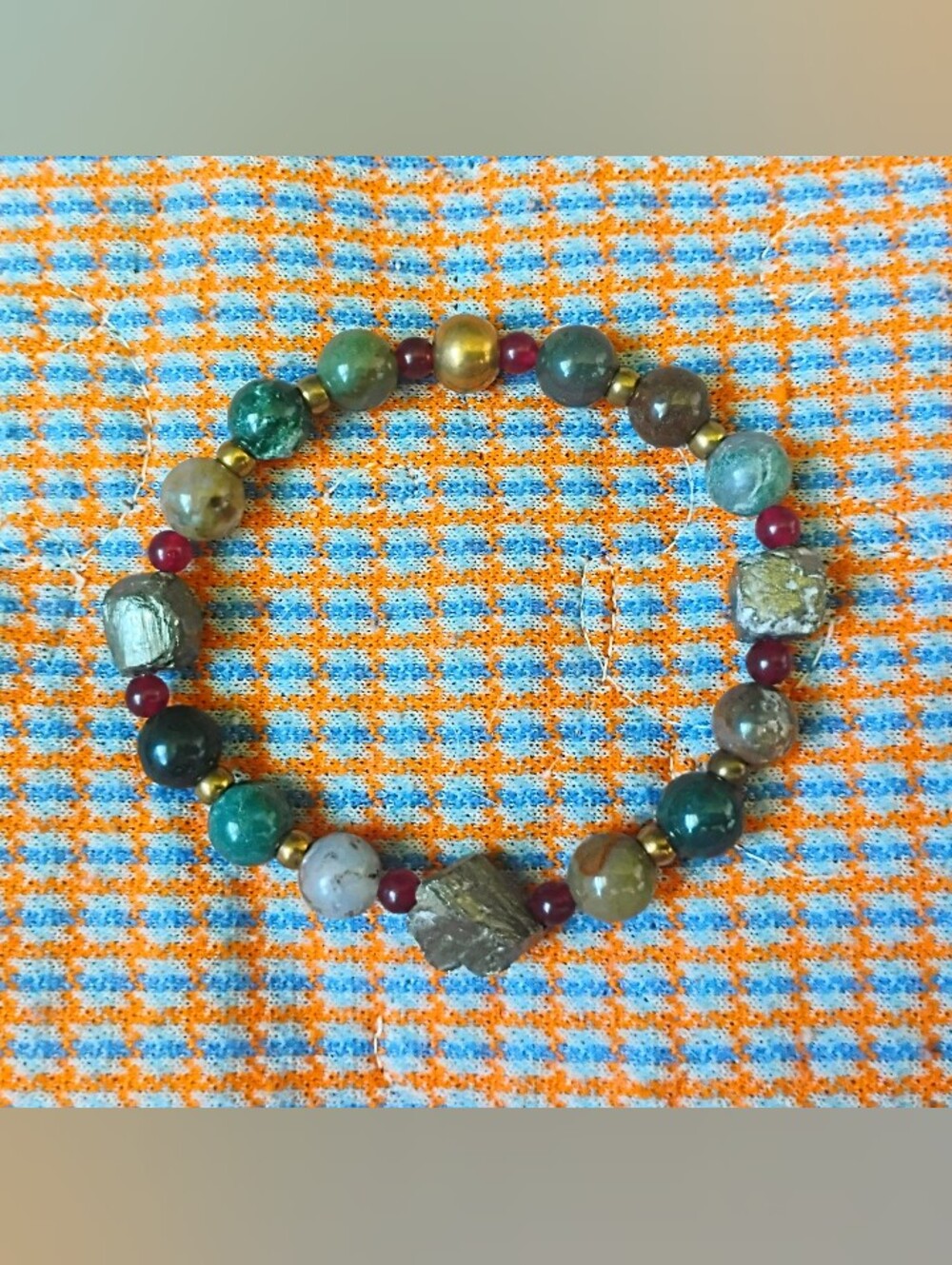 Indian Agate, Ruby, and Pyrite Cube Handmade Stretch Bracelet